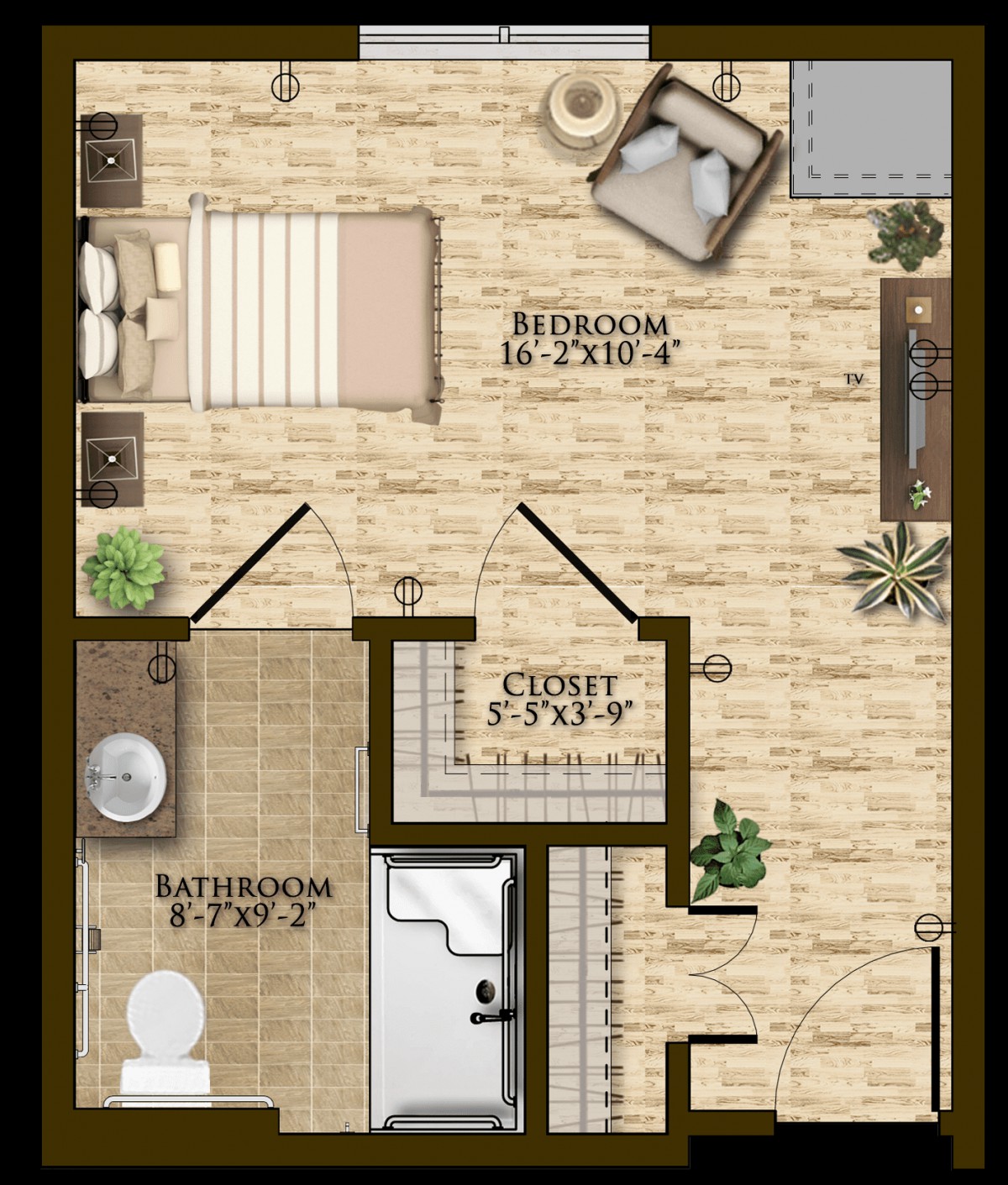 A detailed floor plan showing a bedroom, bathroom, and staircase.