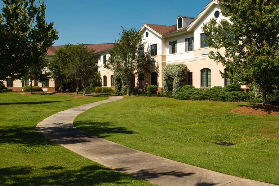 A scenic view of a building surrounded by lush greenery and a winding pathway.