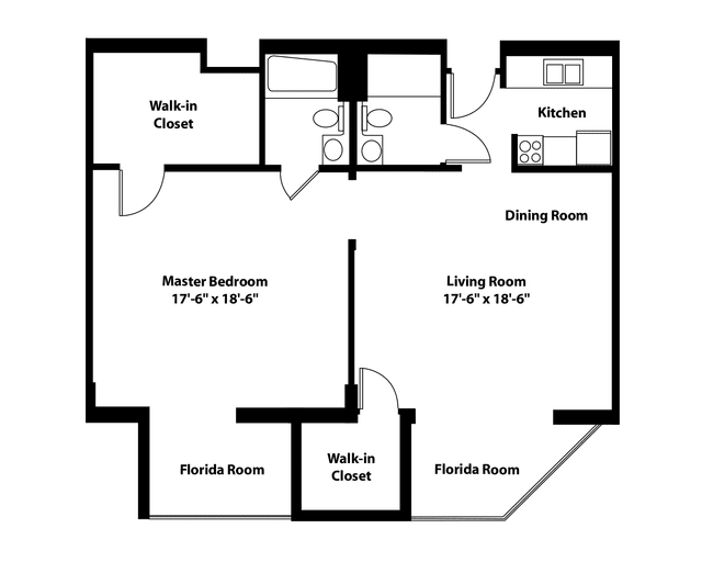 A floor plan of an apartment showing the master bedroom, living room, kitchen, dining room, and Florida rooms.