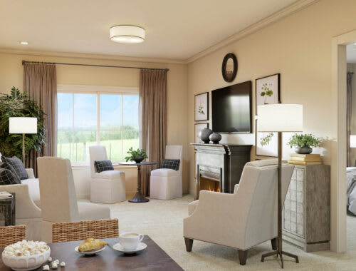 A cozy living room with elegant furniture and decor, featuring a large window and television.