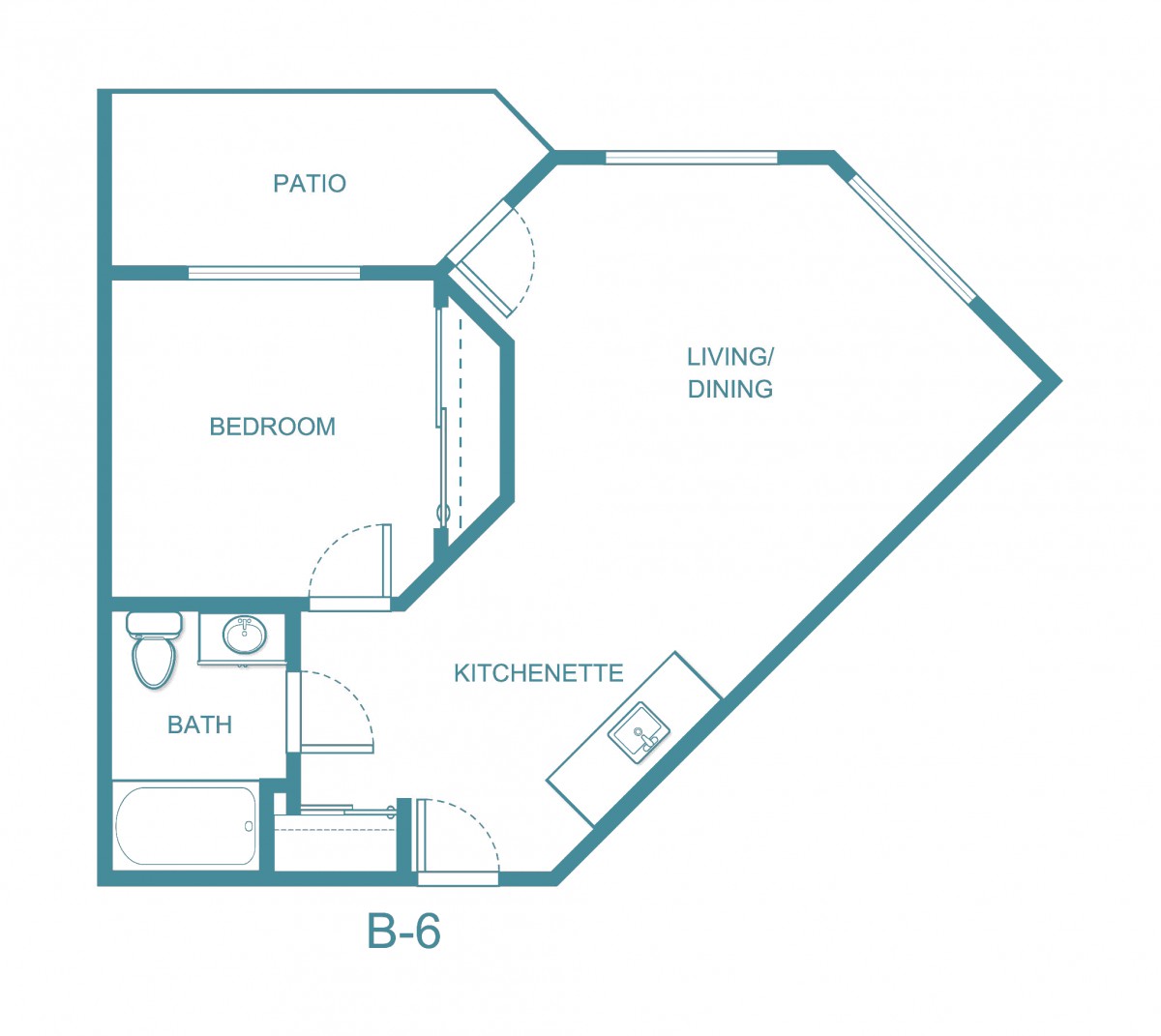 Blueprint of apartment layout B-6 featuring a bedroom, living room, patio, kitchenette, and bathroom.