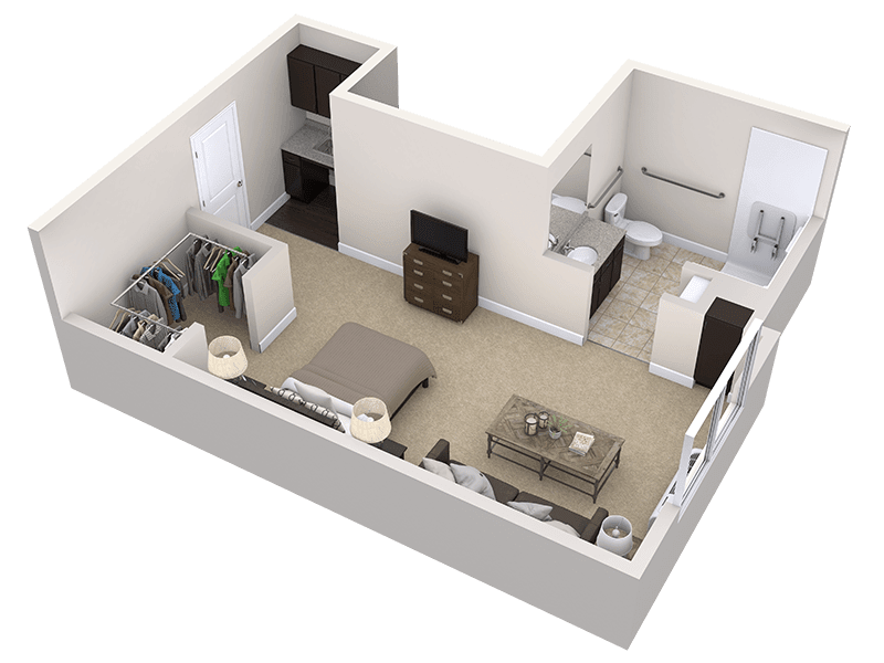 A 3D floor plan of a small apartment featuring a bedroom, living area, and bathroom.