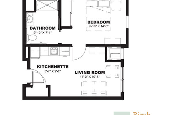 A floor plan showing a one-bedroom apartment with a living room, kitchenette, and bathroom.