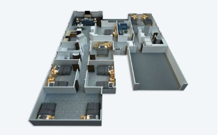 3D floor plan of a residential property showcasing room layouts and furnishings.