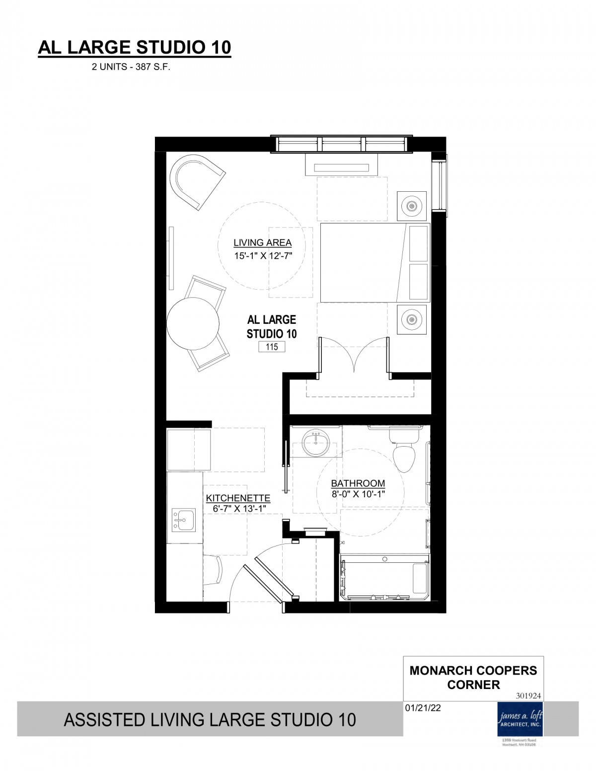 Floor plan of a studio apartment with designated living and sleeping areas.