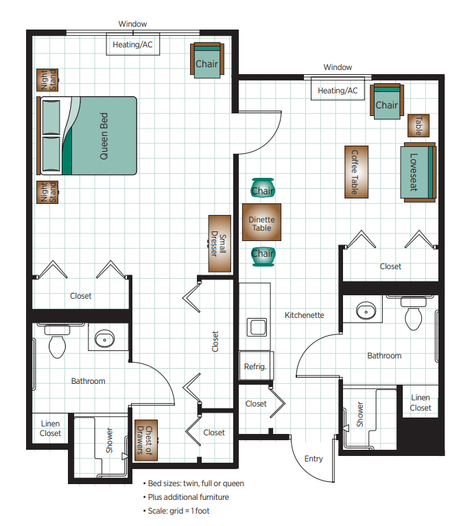 A detailed floor plan of an apartment with designated areas for the bedroom, living room, kitchen, and bathrooms.