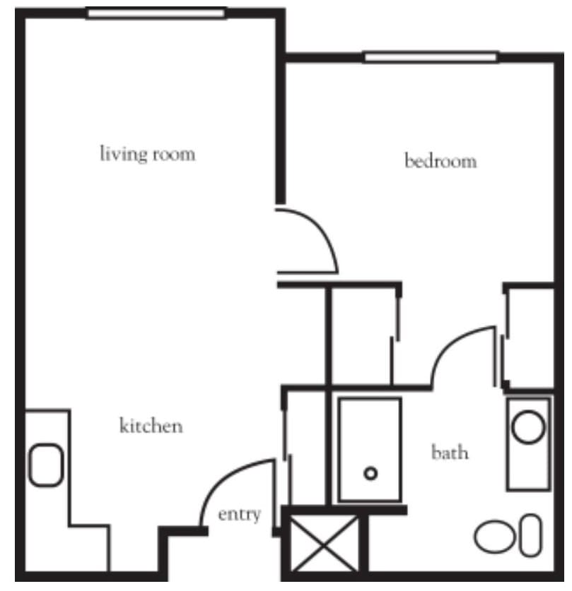 A simple one-bedroom apartment floor plan with a kitchen, living room, bathroom, and entryway.