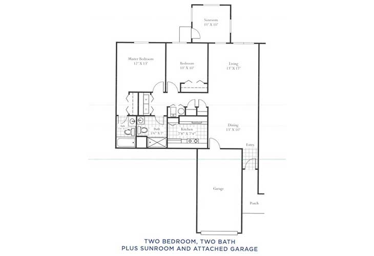 Floor plan depicting a two-bedroom, two-bathroom home with an attached garage.