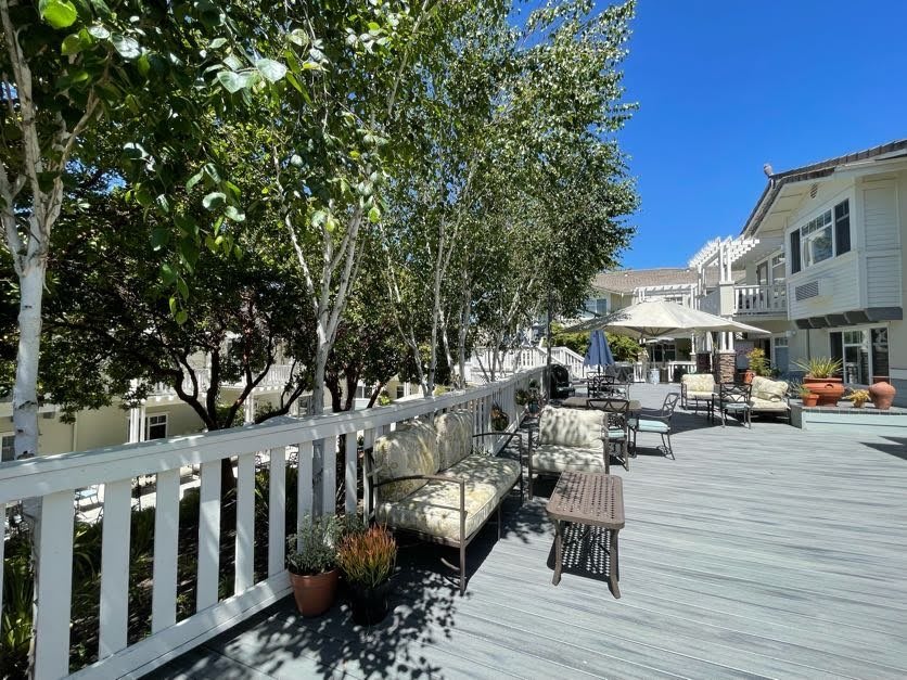 A sunny outdoor deck with comfortable seating and trees, set in a residential area.