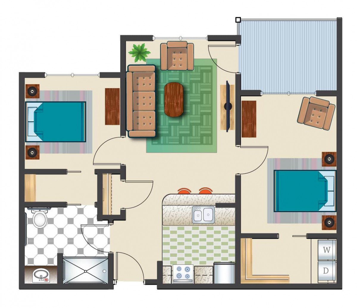 A detailed floor plan of an apartment showing two bedrooms, a living area, kitchen, and bathroom.