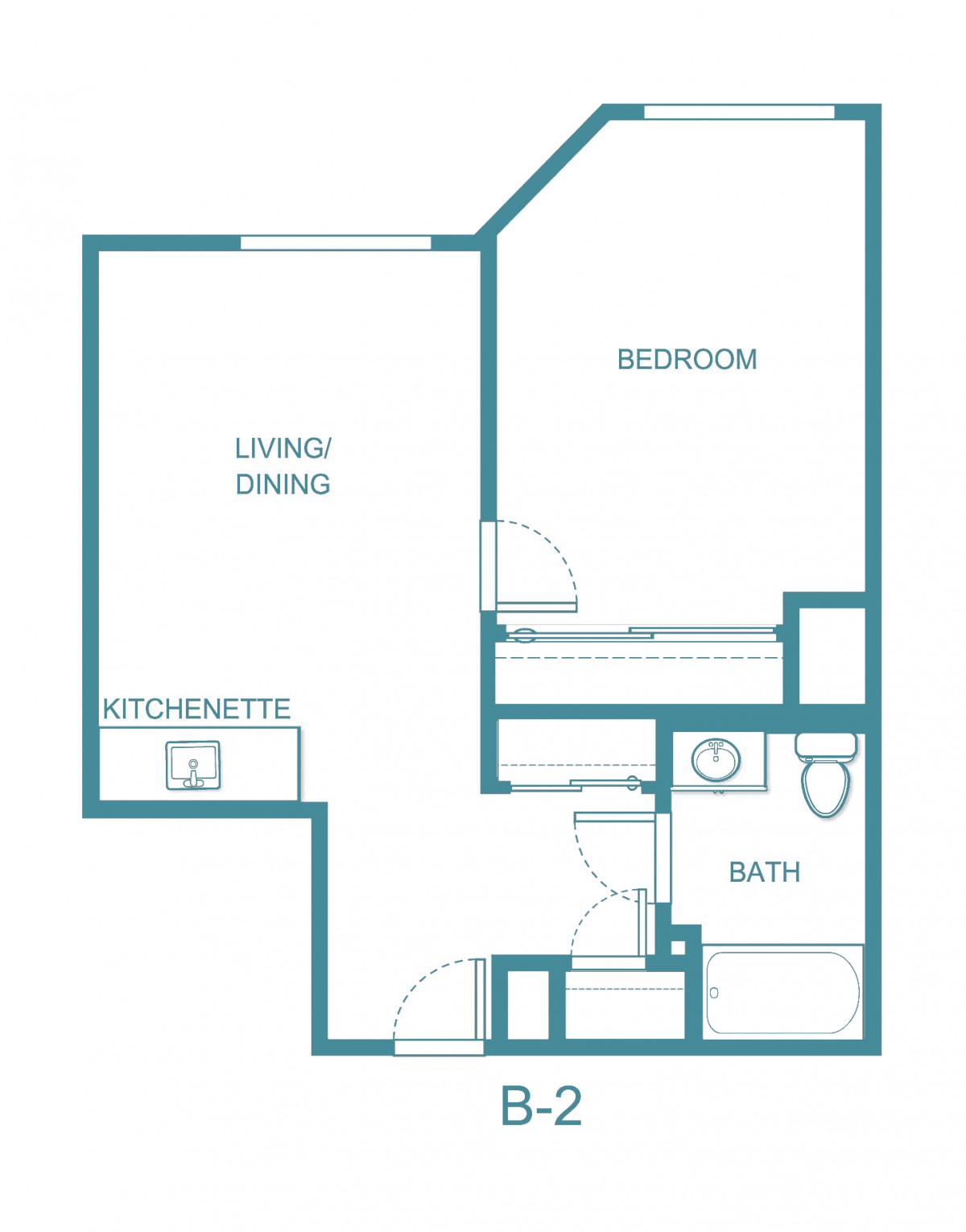A floor plan layout of a one-bedroom apartment with designated areas for the kitchen, living/dining room, bathroom, and bedroom.