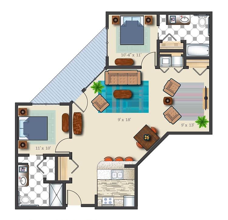 A detailed floor plan of a two-bedroom apartment featuring a kitchen, living room, and two bathrooms.