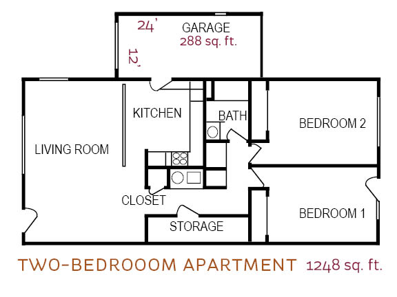 Floor plan of a two-bedroom apartment with a garage.