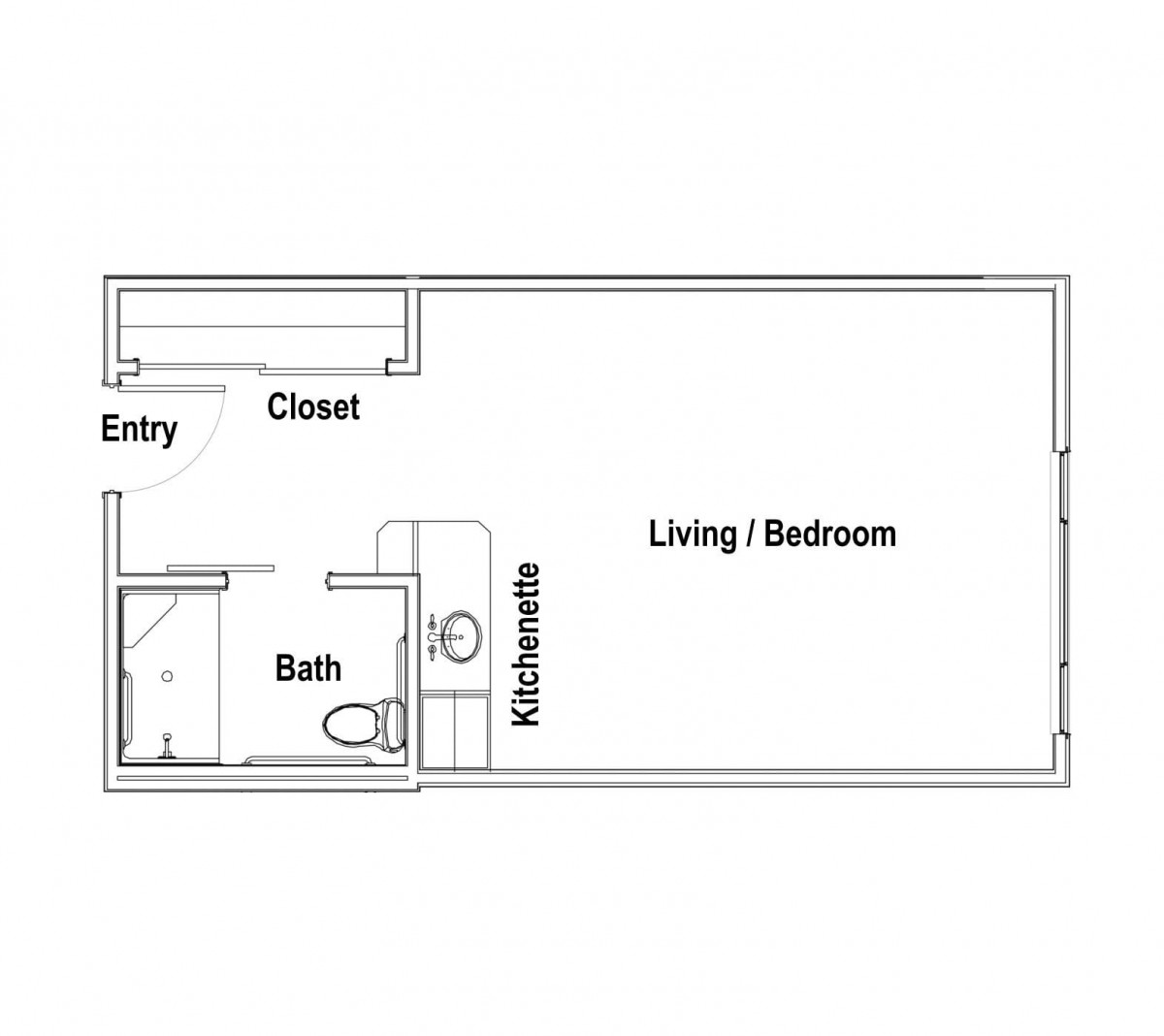 A simple floor plan of a studio apartment featuring an entry, closet, bath, kitchenette, and living/bedroom area.