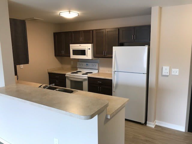 A modern apartment kitchen with appliances including a microwave, stove, and refrigerator.