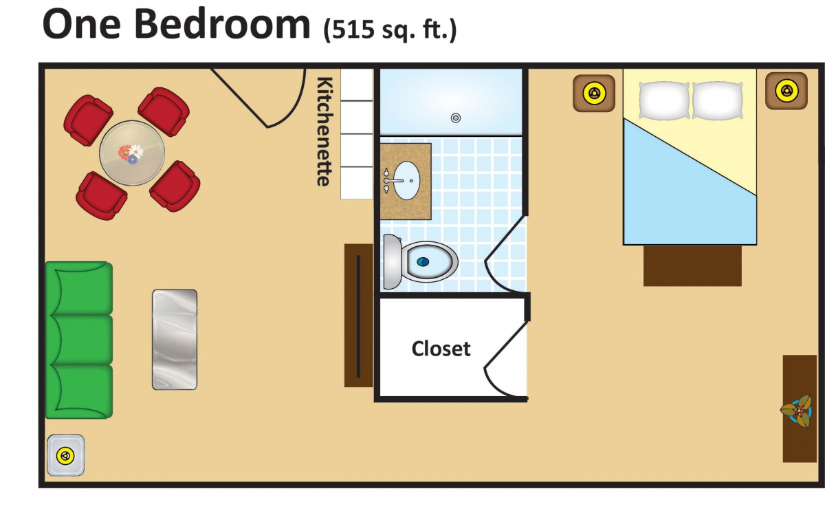A floor plan of a one-bedroom apartment with a kitchenette, bathroom, and closet.