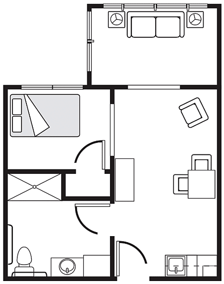 A simple floor plan of an apartment showing a bedroom, living room, and entrance.