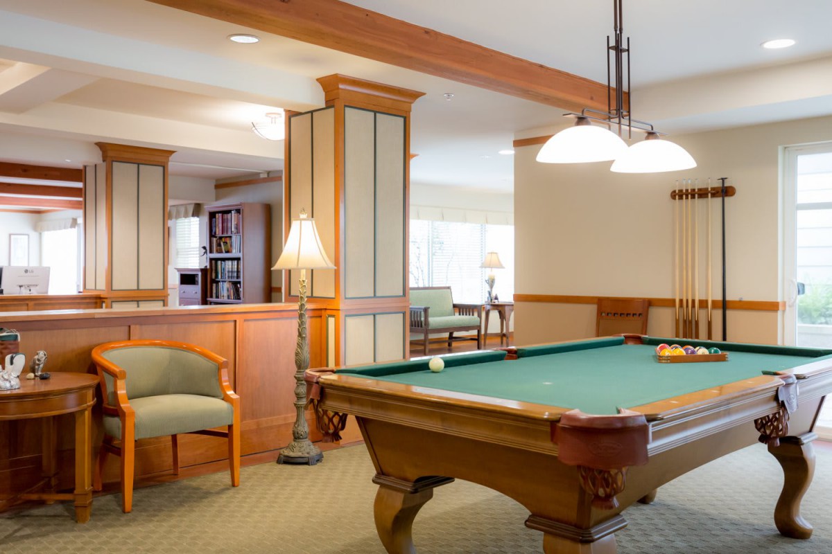 A cozy living space featuring a pool table and comfortable seating.