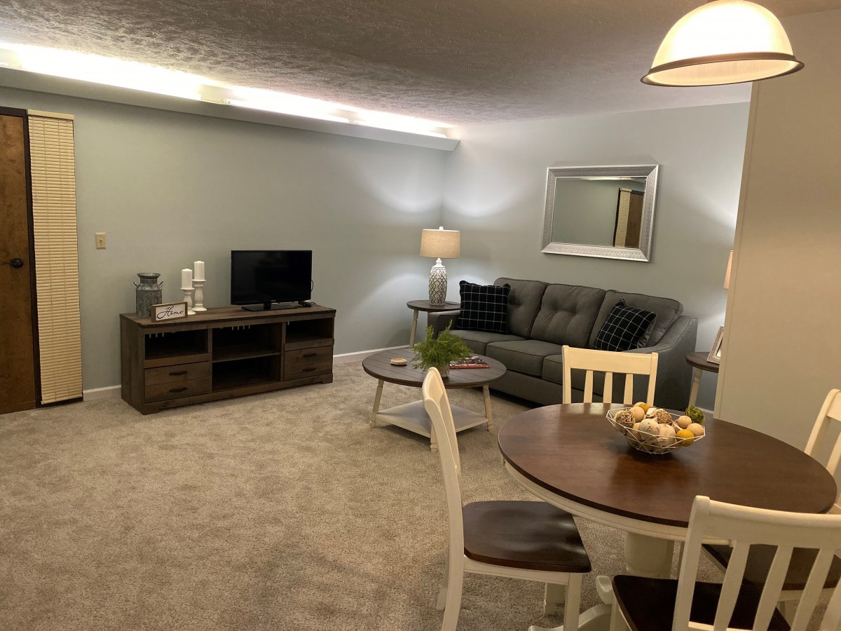 A cozy living room with a sofa, TV stand, dining set, and decorative elements.