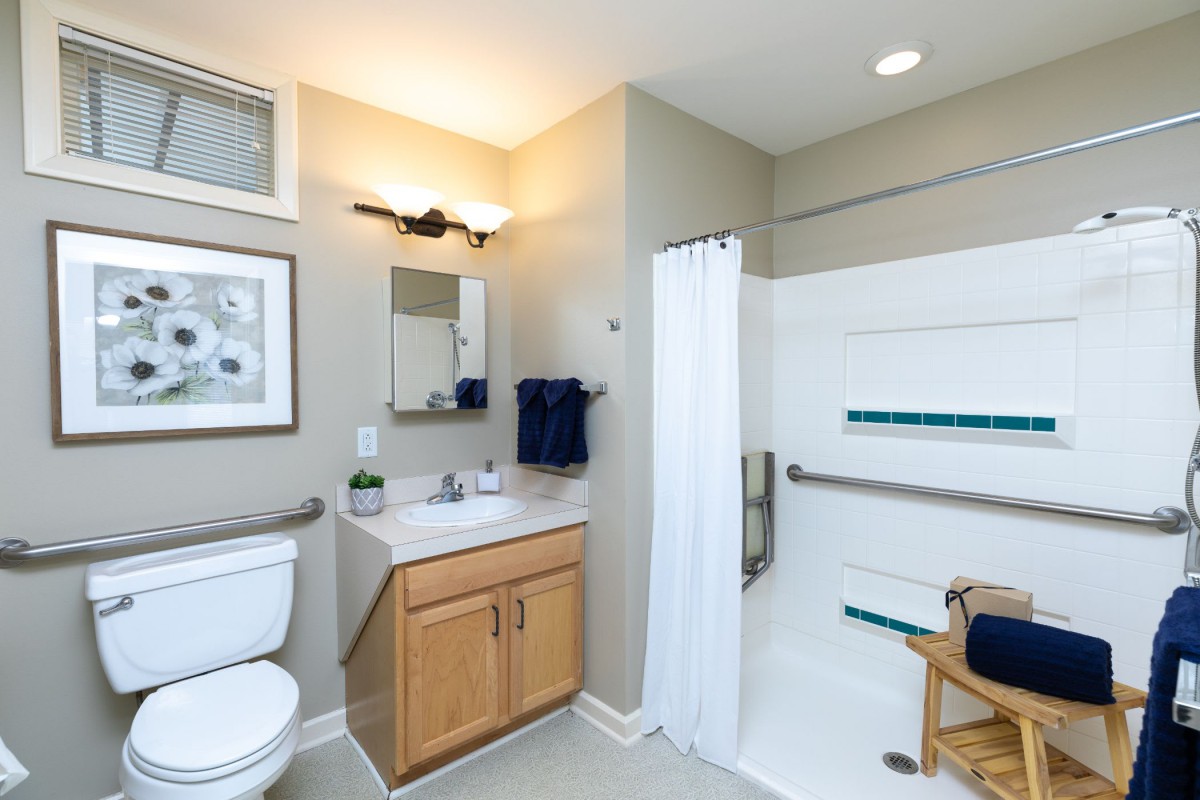 A modern bathroom featuring a sink, toilet, and accessible shower with grab bars.