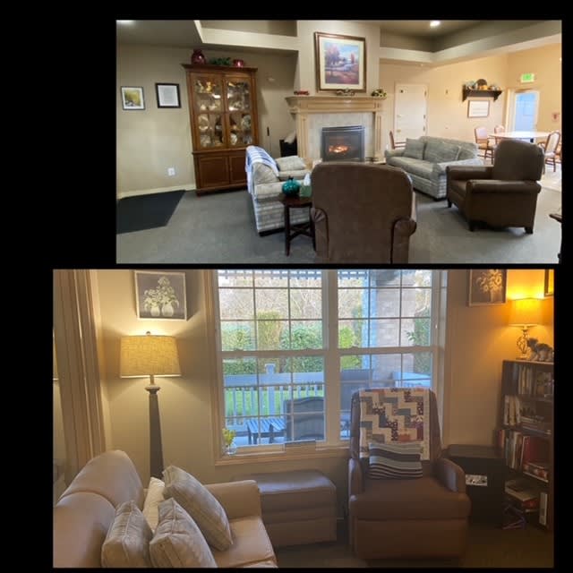 A comparison of two cozy living room setups featuring comfortable seating and warm lighting.