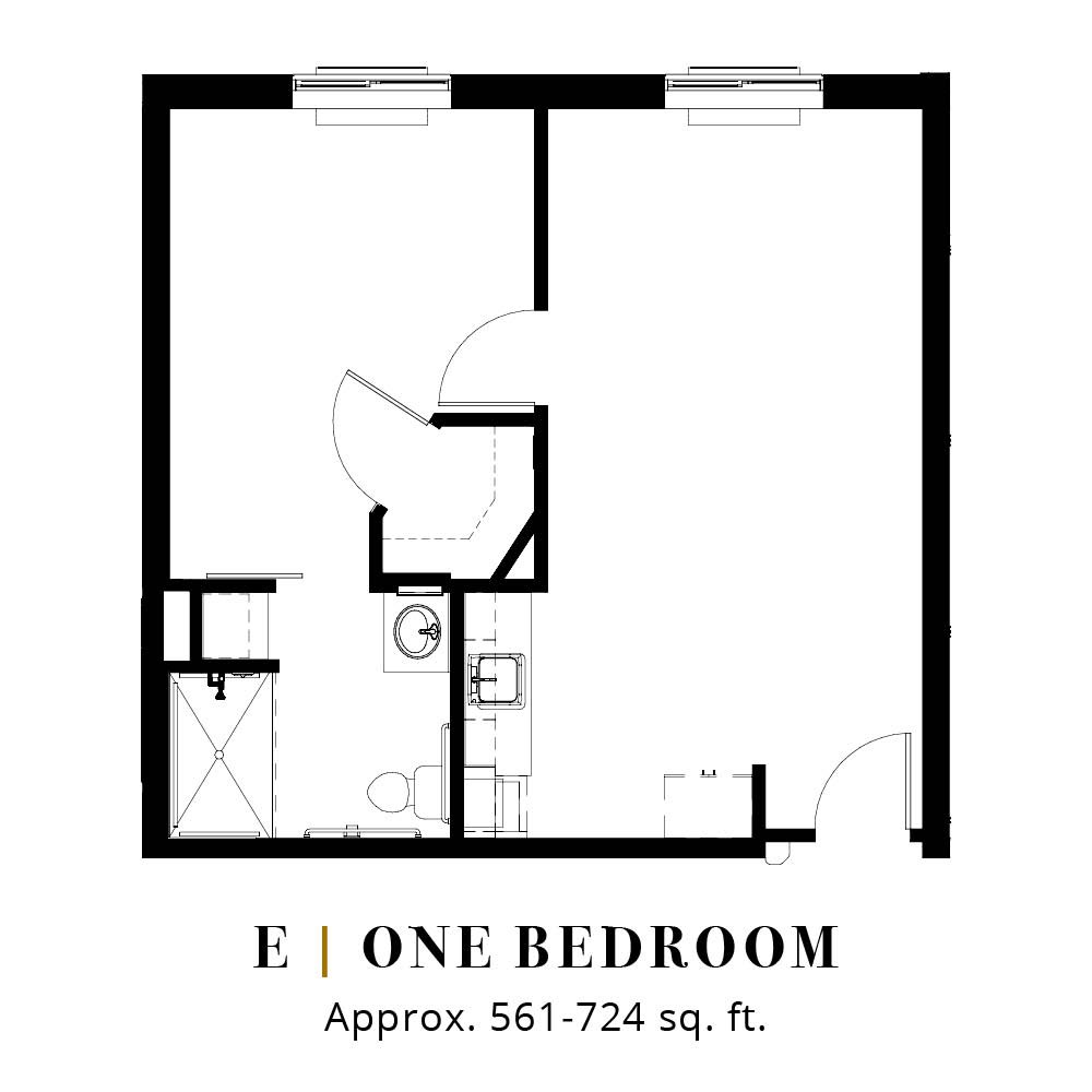 Floor plan of a one-bedroom apartment, approximately 561-724 square feet.