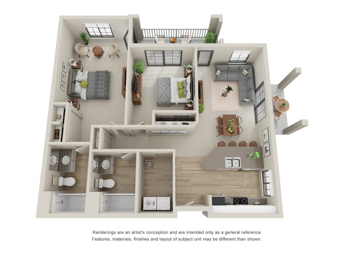 This image depicts a 3D floor plan of a modern apartment, featuring two bedrooms, a living area, kitchen, and bathroom.