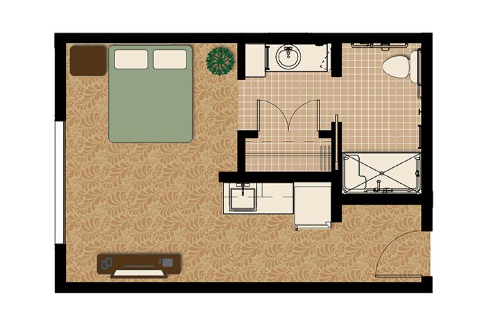 A simple floor plan showing a bedroom, bathroom, and living area.