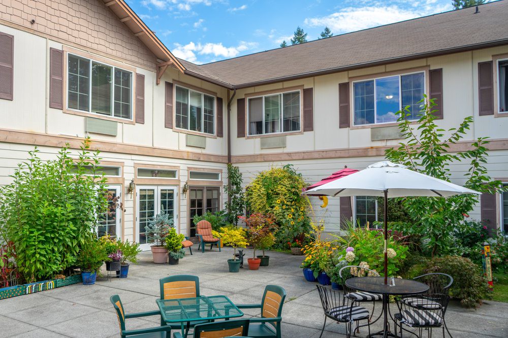 A sunny courtyard with outdoor seating and lush plants.