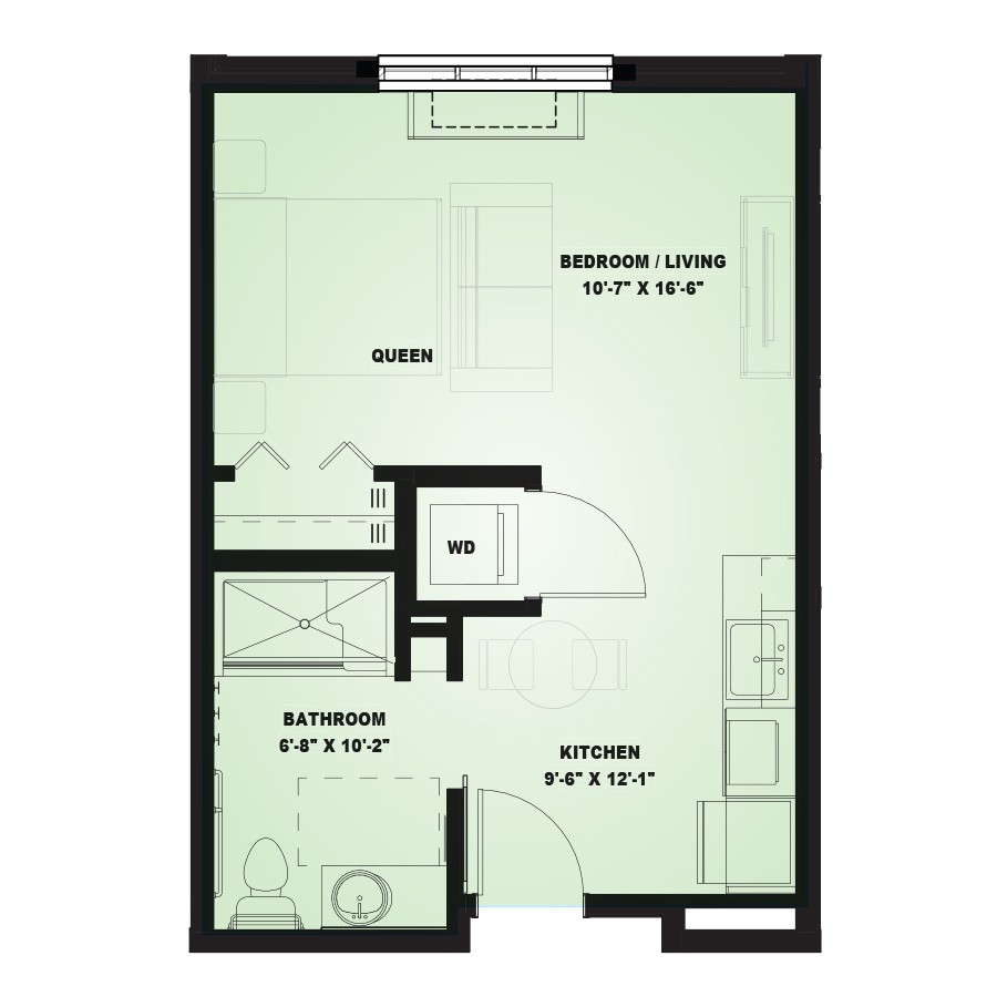 A floor plan of a studio apartment featuring a kitchen, bathroom, and combined bedroom/living area.