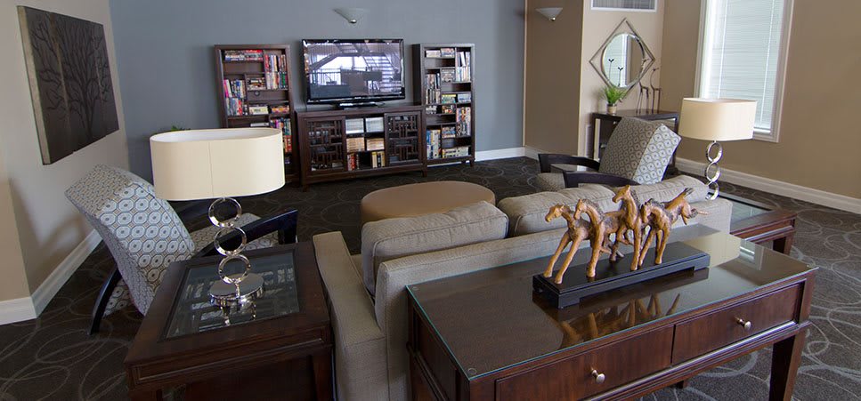 A cozy living room with a television, bookshelves, and comfortable seating.
