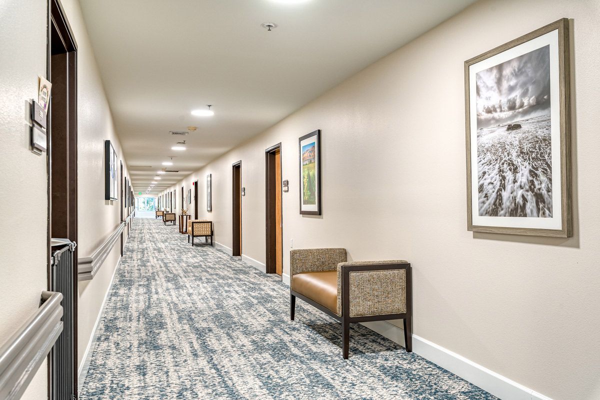 A hotel hallway with framed artwork and carpeted flooring.