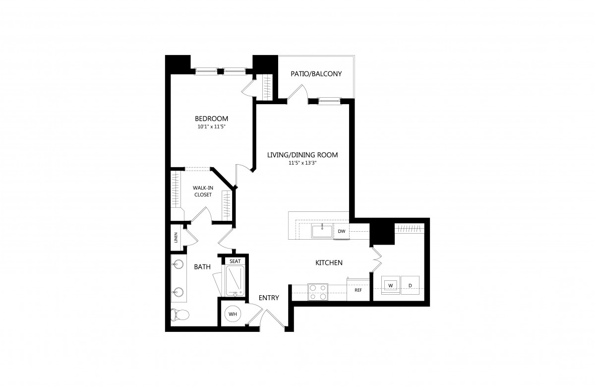 A floor plan of a one-bedroom apartment featuring a kitchen, living/dining area, bathroom, and bedroom with a balcony.