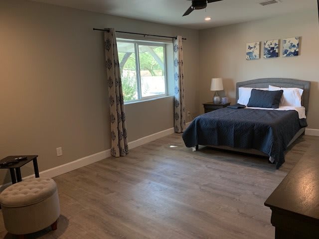 A modern and spacious bedroom with hardwood flooring and natural light.