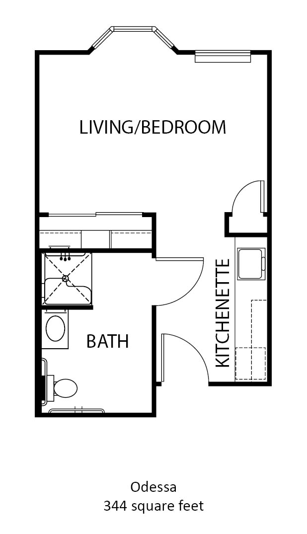A simple floor plan of a studio apartment featuring a living/bedroom area, kitchenette, and bathroom.