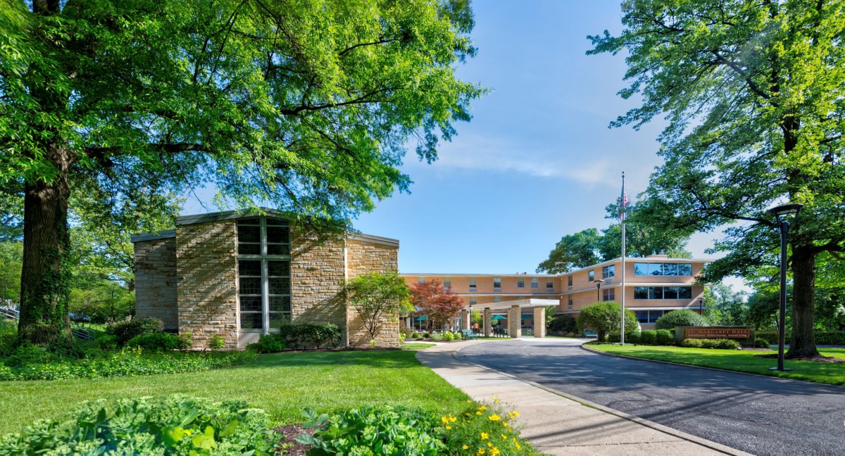 A sunny day view of a modern building with a driveway surrounded by lush greenery.