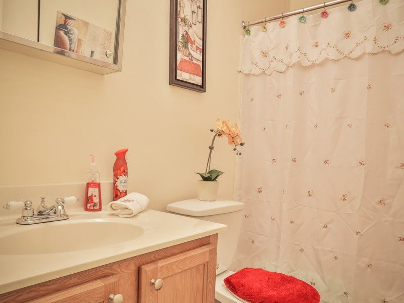 A neatly organized bathroom with a floral theme, featuring a sink, toilet, and shower curtain.