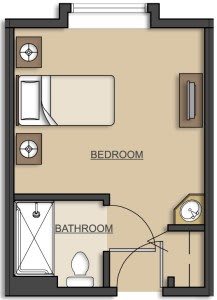 A simple floor plan showing a bedroom and bathroom layout.