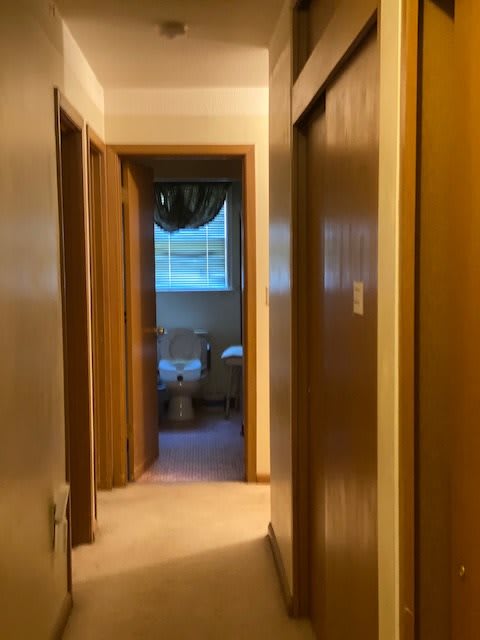 A view down a hallway leading to a bathroom in a home.