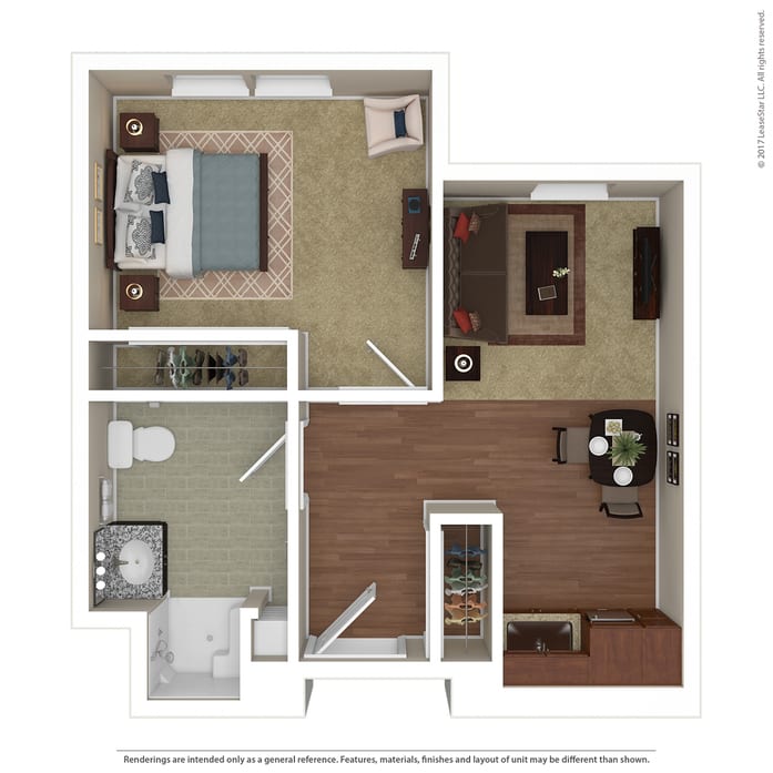 A floor plan of a one-bedroom apartment featuring a living room, kitchen, bathroom, and bedroom.