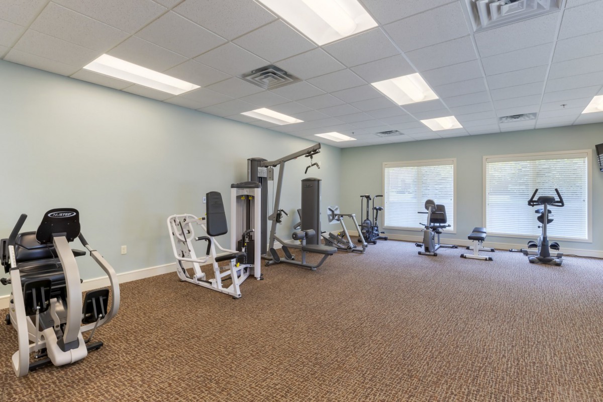 A spacious gym with various fitness equipment for workouts.