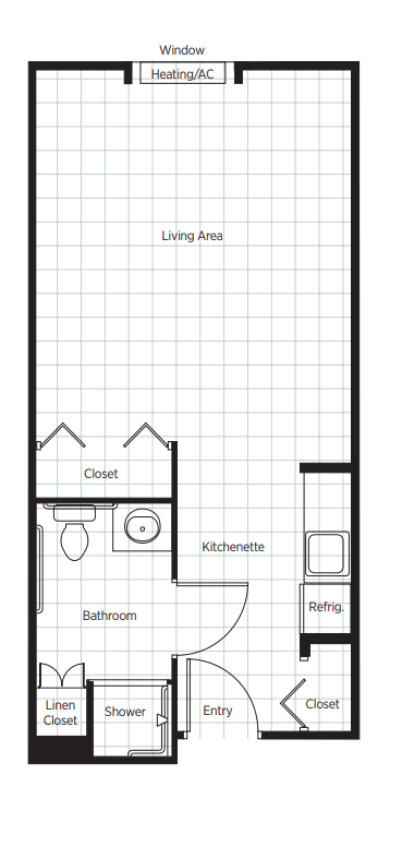 A floor plan of a studio apartment featuring a living area, kitchenette, bathroom, and closet.