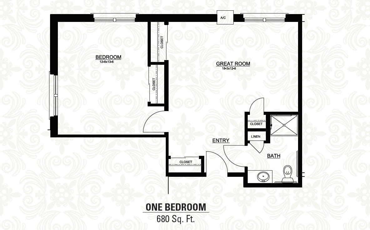 One-bedroom apartment floor plan with a total area of 688 square feet.