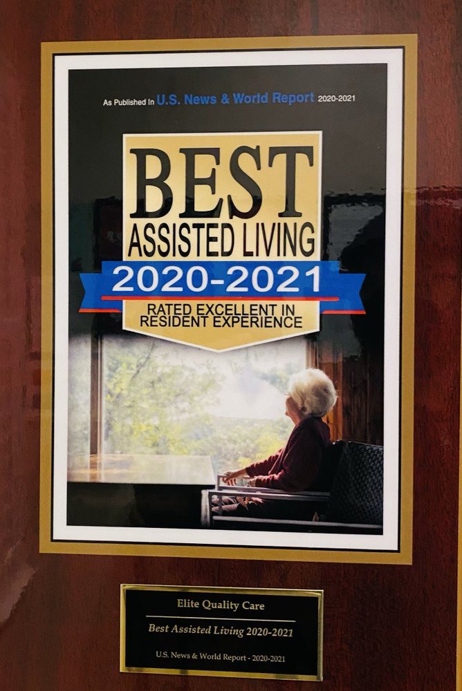 A plaque recognizing the 'Best Assisted Living' for the years 2020-2021, awarded for excellence in resident experience.