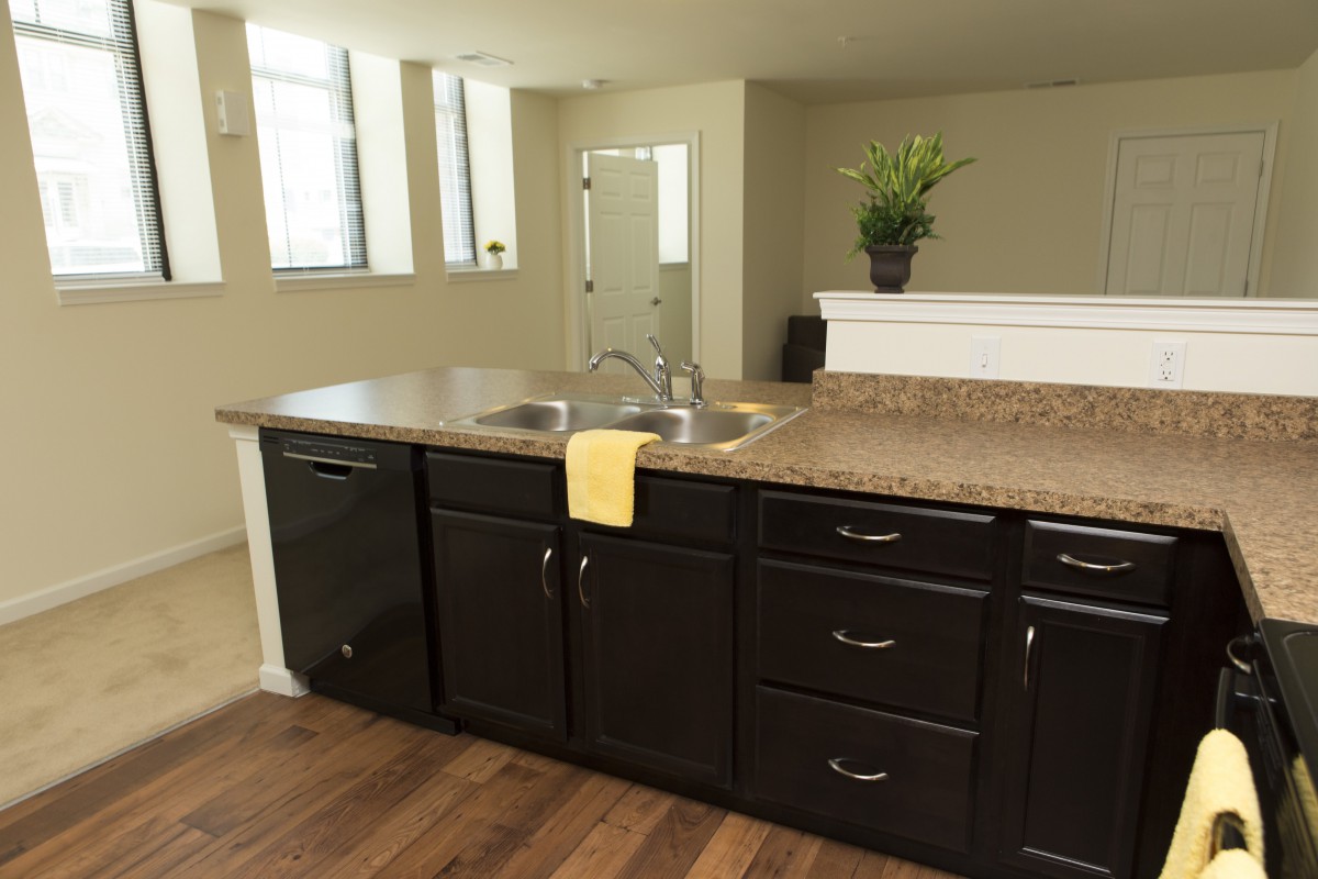 A modern kitchen with dark cabinets and a spacious countertop.