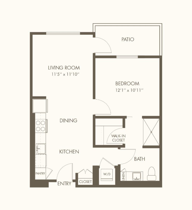 A simple one-bedroom apartment floor plan featuring a kitchen, living room, bathroom, and patio.