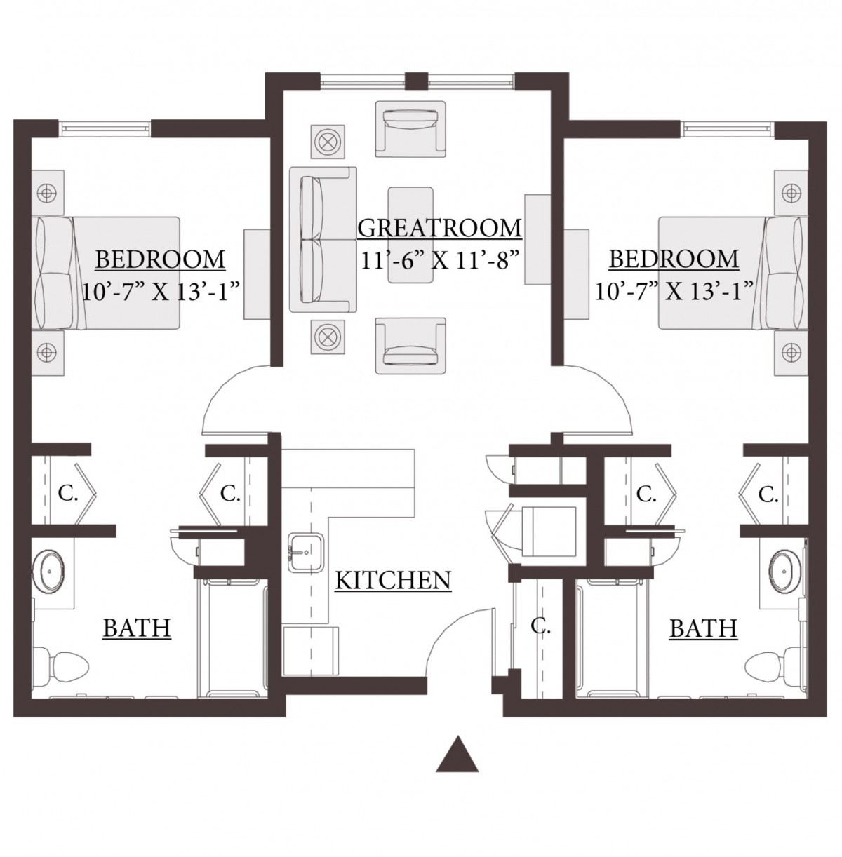 A floor plan of a two-bedroom apartment featuring a kitchen, living room, and two bathrooms.