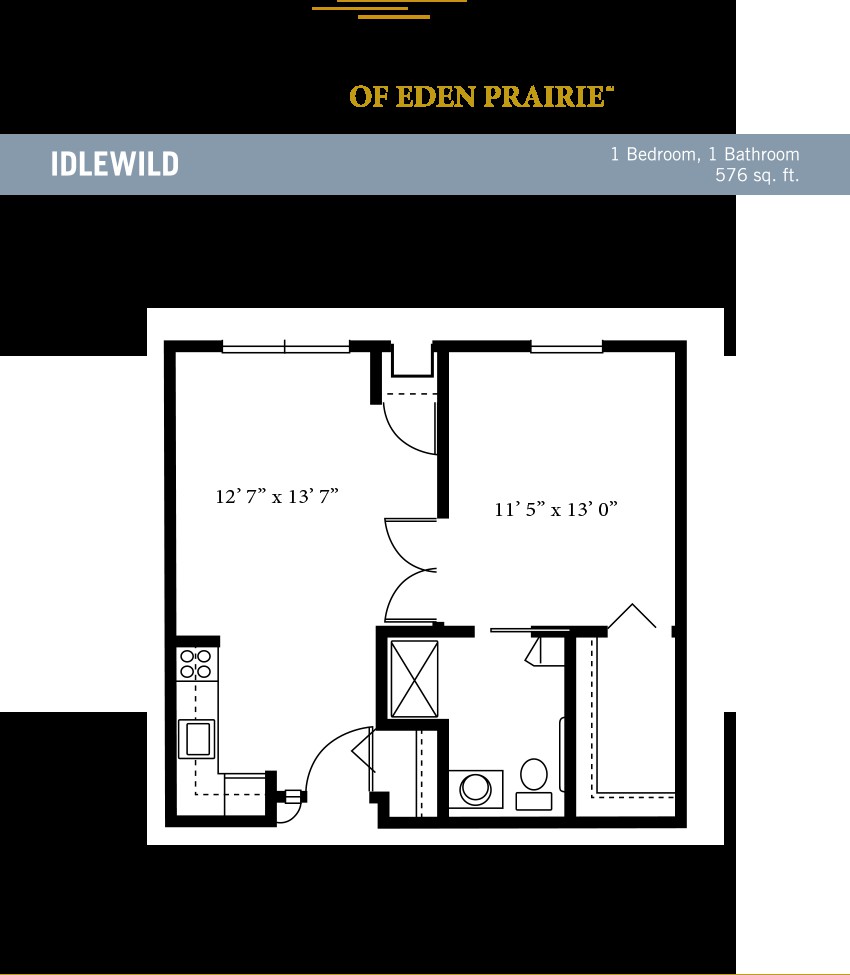 Floor plan of a 1-bedroom apartment with kitchen and bathroom.
