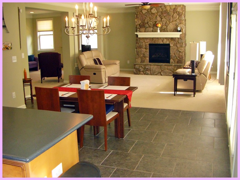 Open-concept living and dining area with a central fireplace and elegant chandelier.