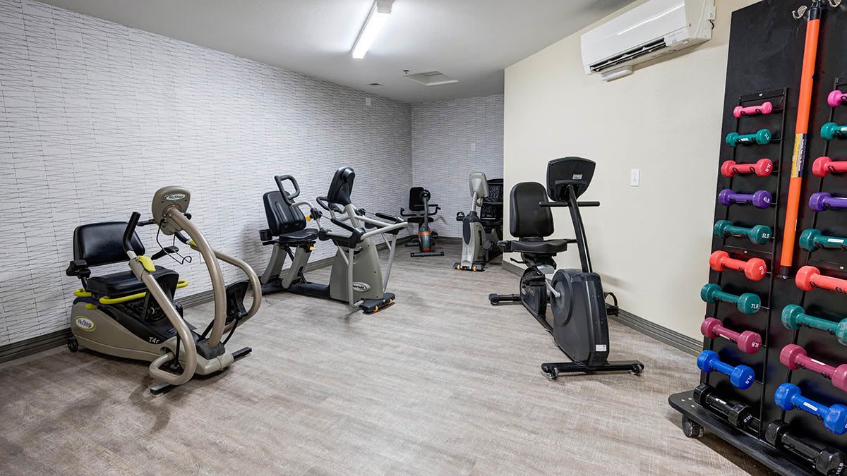 A compact gym with stationary bikes and fitness equipment.